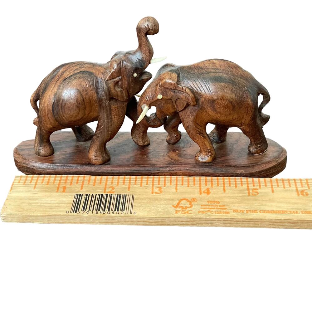 Vintage Hand Carved Wooden Elephants Figure Fighting Missing 1 Tusk Teak? READ